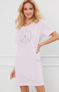 Damskie Italian Fashion Koszule Nocne|Koszule Nocne Damskie - Bawełniana kozula nocna damka z krótkim rękawem różowa Arugia