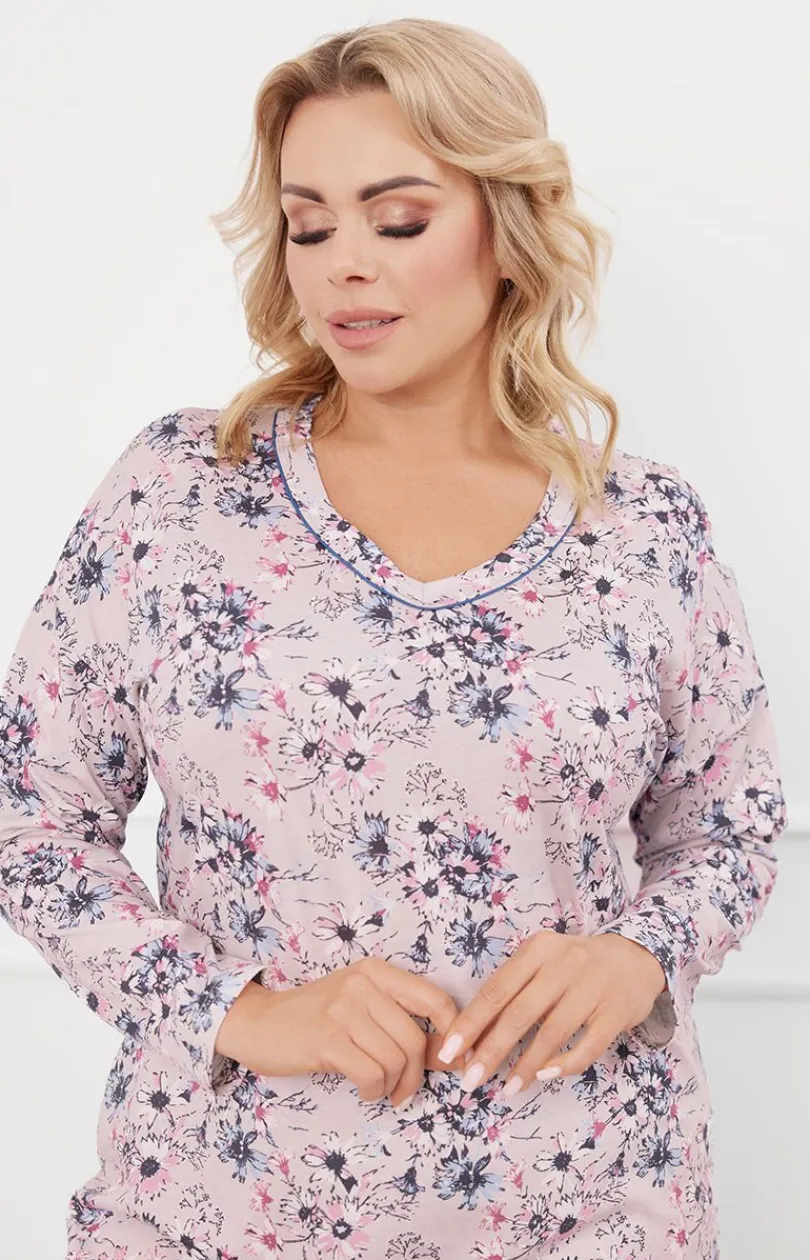 Damskie Italian Fashion Koszule Nocne|Koszule Nocne Damskie - Bawełniana koszula nocna daska z długi rękawe Toliana
