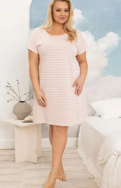 Damskie Regina Koszule Nocne|Koszule Nocne Damskie - Bawełniana koszula nocna w różowe paski plus size 2001
