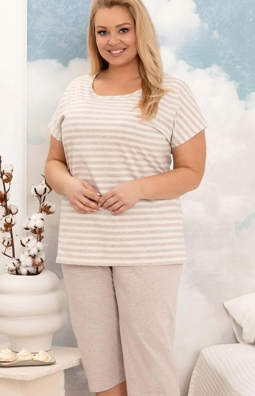 Damskie Regina Ciepłe Piżamy|Piżamy Damskie - Bawełniana piżama damska beżowa plus size 4013