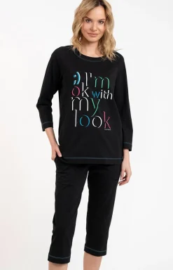 Damskie Italian Fashion Piżamy Bawełniane - Bawełniana piżaa daka czarna 3/4 Olza