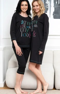 Damskie Italian Fashion Piżamy Bawełniane - Bawełniana piżaa daka czarna 3/4 Olza