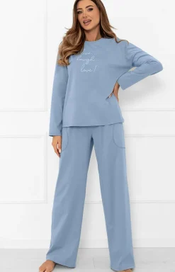 Damskie Italian Fashion Bielizna Homewear|Piżamy Damskie - Bawełniana piżama damska na długi rękaw i długie spodnie stalowe Ksara