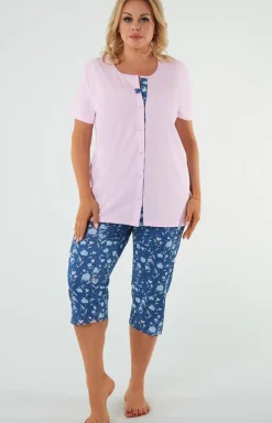 Damskie Italian Fashion Piżamy Rozpinane|Piżamy Bawełniane - Bawełniana piżama damka różowo-niebieka Lady