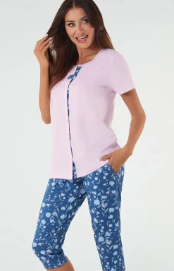 Damskie Italian Fashion Piżamy Rozpinane|Piżamy Bawełniane - Bawełniana piżama damka różowo-niebieka Lady