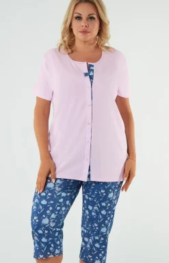 Damskie Italian Fashion Piżamy Rozpinane|Piżamy Bawełniane - Bawełniana piżama damka różowo-niebieka Lady