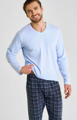 Męskie Taro Piżamy Męskie - Bawełniana piżama męska błękitna plus size Mark 3476