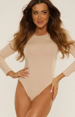 De Lafense Body|Body - Beżowe body dakie z długi rękawe Choe 805