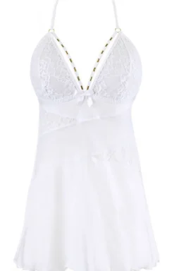 Biała koszulka nocna babydoll z paseczkami V-10459