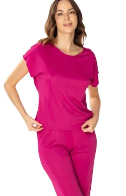 Bluzka piżamowa damska na krótki rękaw fuksjowa Larisa