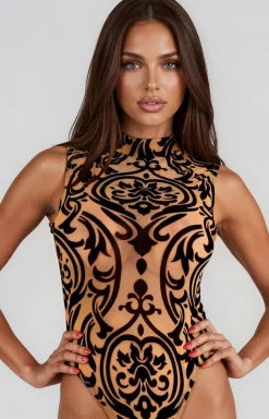 LivCo Corsetti Fashion Dancewear & Clubwear|Body - Body damskie beżowe z czarnym wzorem Patischia