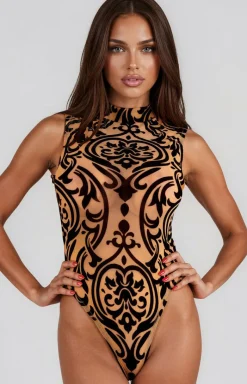 LivCo Corsetti Fashion Dancewear & Clubwear|Body - Body damskie beżowe z czarnym wzorem Patischia