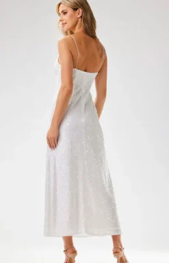 Awama Moda - Cekinowa sukienka maxi biała A697