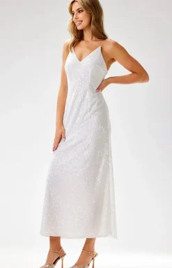 Awama Moda - Cekinowa sukienka maxi biała A697
