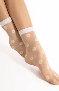 Damskie Fiore Skarpetki|Skarpetki Rajstopowe - Cienkie przezroczyste skarpetki w stokrotki Daisy G1115 20 DEN
