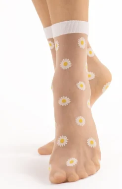 Damskie Fiore Skarpetki|Skarpetki Rajstopowe - Cienkie przezroczyste skarpetki w stokrotki Daisy G1115 20 DEN