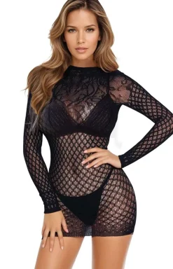 Czarna sukienka bodystocking z długim rękawem 3018