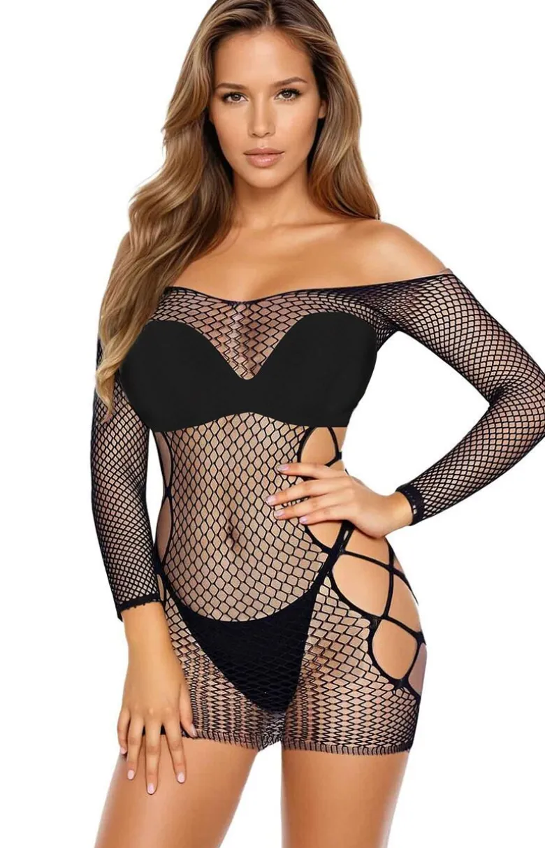 Czarna sukienka bodystocking z elastycznej siateczki 3025
