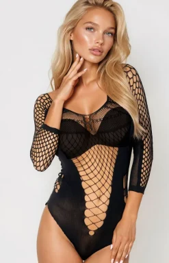 Beauty Night Bodystocking|Body - Czarne body damskie ażurowe z rękawem Lucelia