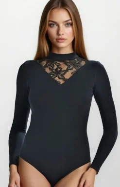 Teyli Body|Body - Czarne body dakie z długi rękawe Ei 2428