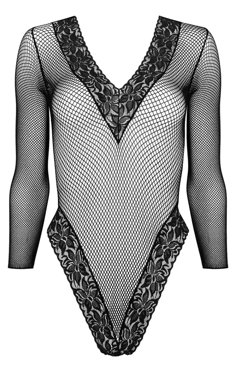 KOTEK Bodystocking|Body - Czarne bodystocking body damskie z długim rękawem FB002