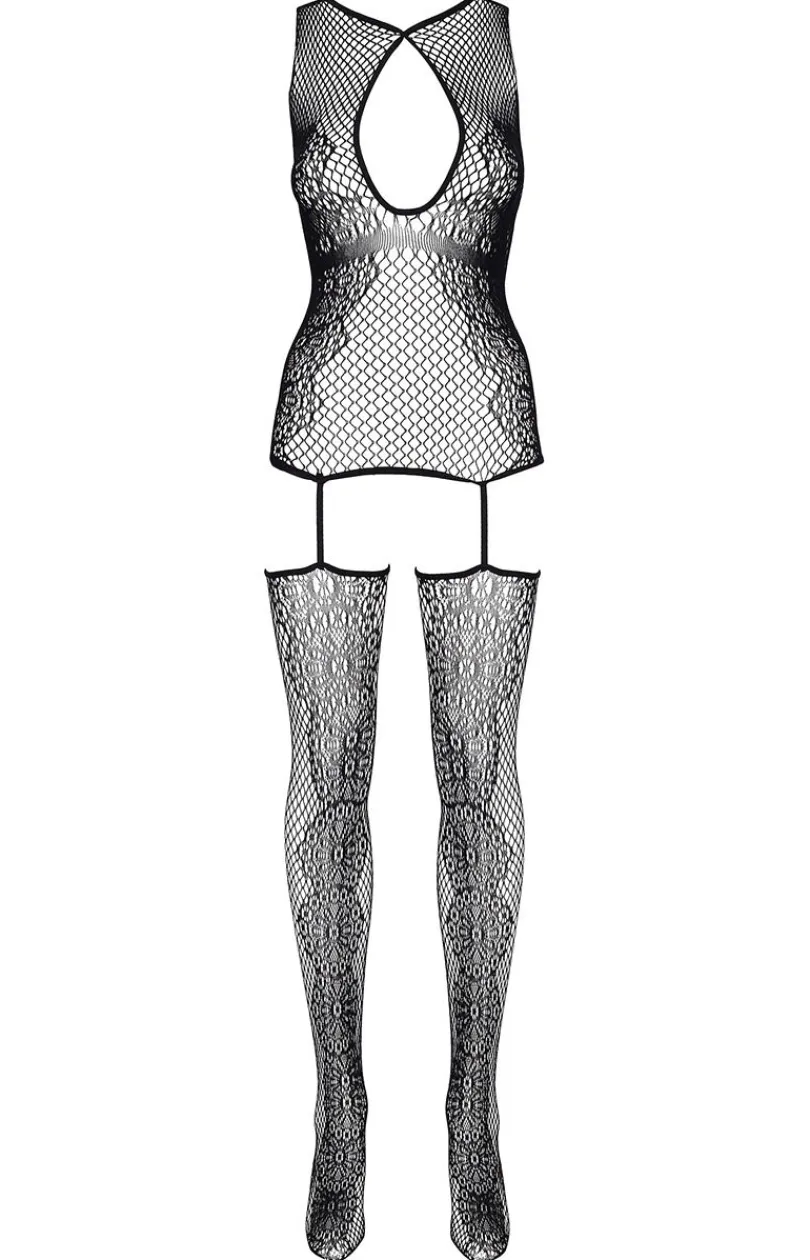 Beauty Night Bodystocking|Body - Czarne bodystocking siateczkowa koszulka połączona z pończochami Melanie