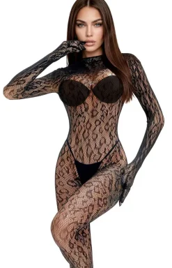 Czarne bodystocking z długim rękawem w zwierzęcy wzór 214085