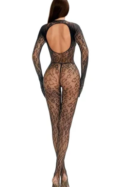Czarne bodystocking z długim rękawem w zwierzęcy wzór 214085