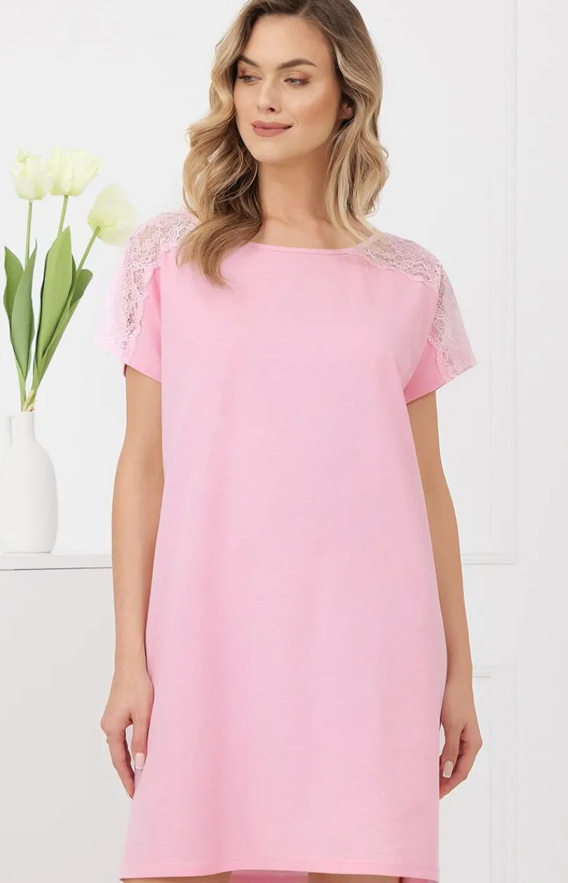 Damskie Italian Fashion Koszule Nocne|Koszule Nocne Damskie - Daka kozua nocna na krótki rękaw różowa enua