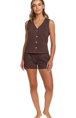 Doctor Nap brązowy komplet loungewear z bluzką o kroju kamizelki PM.7452