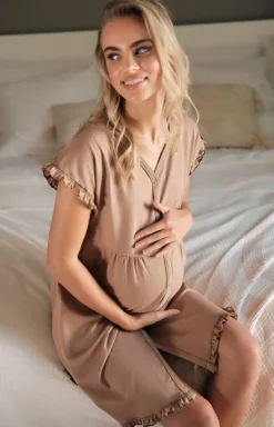 Damskie Doctor Nap Bielizna Ciążowa|Ciążowa Bielizna Nocna - kozulka nocna z bawełny organicznej brązowa TCB.9600