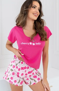 Damskie Donna Piżamy Bawełniane|Piżamy Damskie Krótkie - piżama bawełniana z krótkimi podenkami różowa Cherry