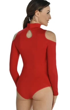 Dopasowane czerwone body z półgolfem z wycięciami na ramionach Janett