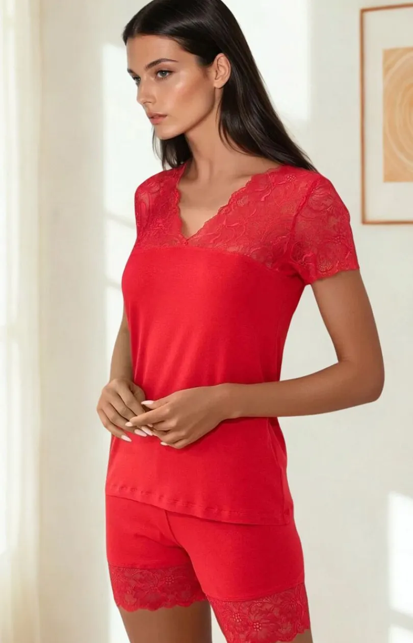 Damskie Irall Piżamy Damskie Krótkie|Bielizna Plus Size - Dwuczęściowa piżaa daka czerwona Red Night