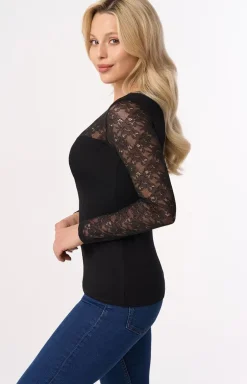 Elegancka czarna bluzka z koronkowymi rękawami MEREDITH