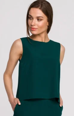 Elegancka krótka bluzka damska bez rękawów zielona S257