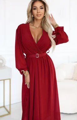 NUMOCO BASIC Moda - Elegancka plisowana sukienka maxi z paskiem bordowa 639-1