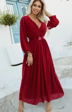 NUMOCO BASIC Moda - Elegancka plisowana sukienka maxi z paskiem bordowa 639-1