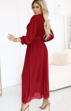 NUMOCO BASIC Moda - Elegancka plisowana sukienka maxi z paskiem bordowa 639-1