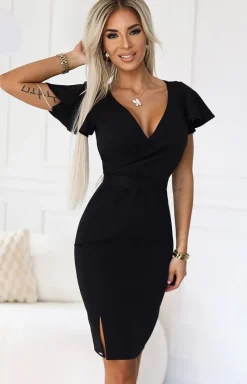 Numoco Moda - Elegancka sukienka z kopertowym dekoltem czarna 479-9 Nina