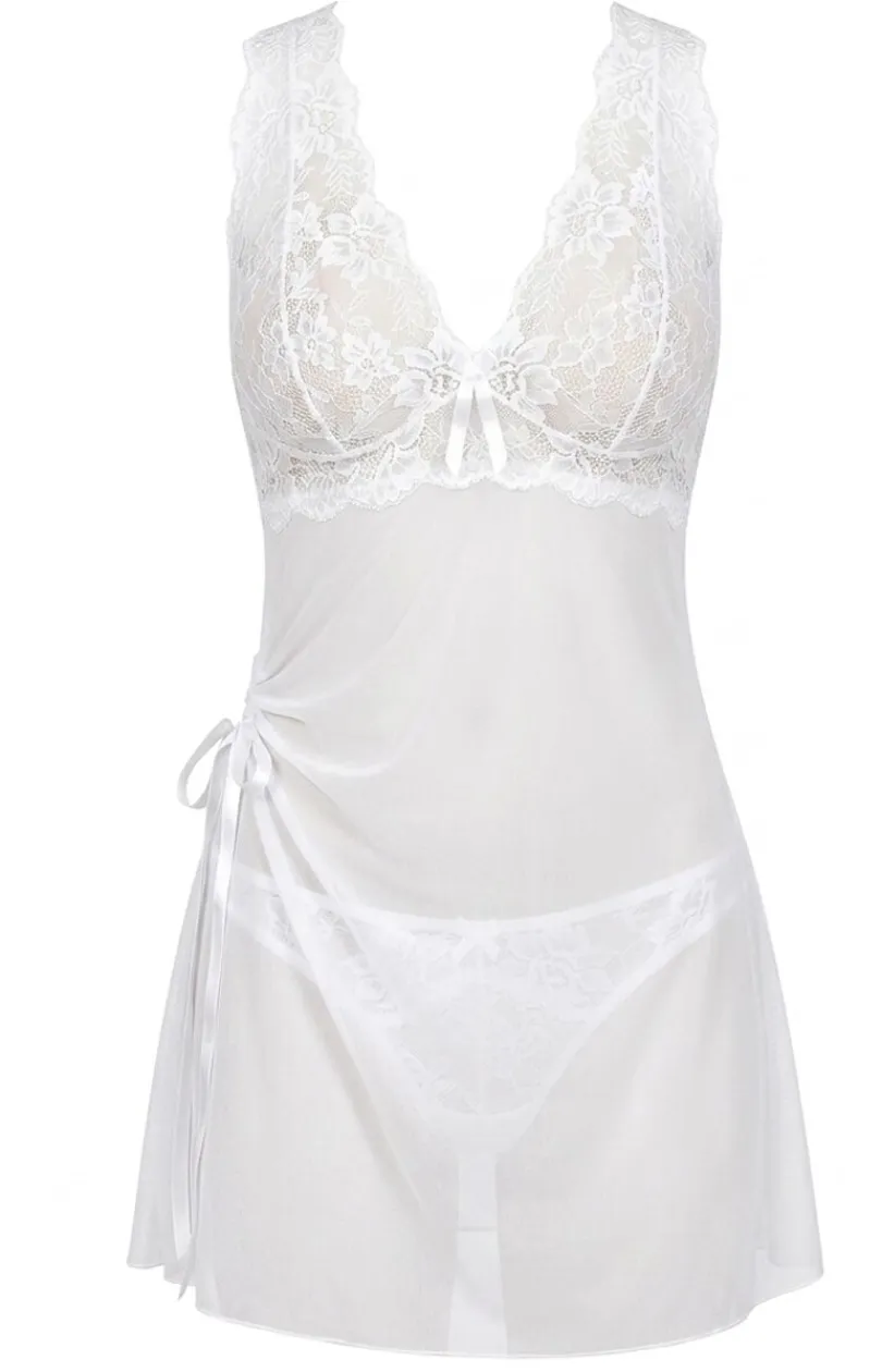 Damskie PariPari Lingerie Koszulki|Seksowna Koszula Nocna - Katia biała tiuowa kozuka nocna z koronką
