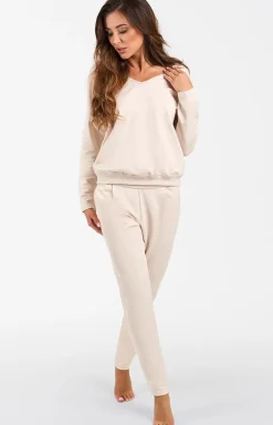 Damskie Italian Fashion Bielizna Homewear|Ciepłe Piżamy - Kopet dreowy z długi rękawe i długii podniai Karina