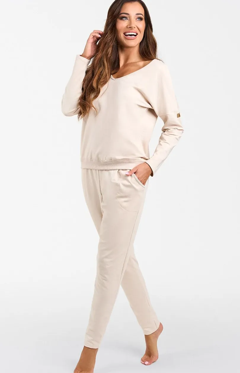 Damskie Italian Fashion Bielizna Homewear|Ciepłe Piżamy - Kopet dreowy z długi rękawe i długii podniai Karina