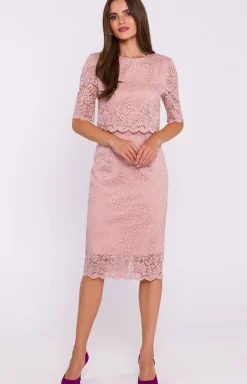 Stylove Moda - Koronkowa ukienka z podwójną górą pudrowy róż 379