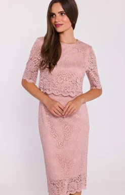 Stylove Moda - Koronkowa ukienka z podwójną górą pudrowy róż 379