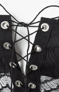 Koronkowe body damskie z wiązaniem czarne PURE ROMANCE