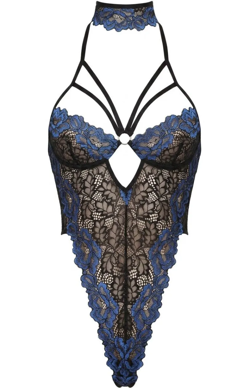 SoftLine Collection Body|Body - Koronkowe body z obrożą niebiesko-czarne 11030