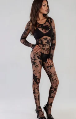 LivCo Corsetti Fashion Bodystocking|Body - Koronkowe czarne bodystocking z długim rękawem Manelis LC 90551