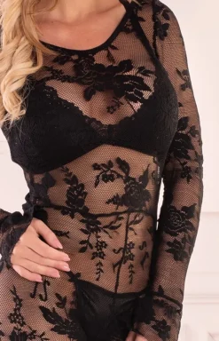 LivCo Corsetti Fashion Bodystocking|Body - Koronkowe czarne bodystocking z długim rękawem Manelis LC 90551