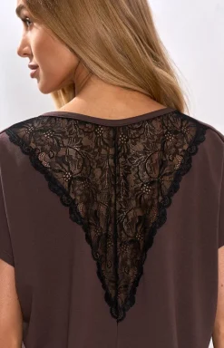 Damskie DKaren Piżamy Damskie Krótkie|Bielizna Plus Size - Krótka bawełniana piżaa daka czekoadowa z czarną koronką Taara 3